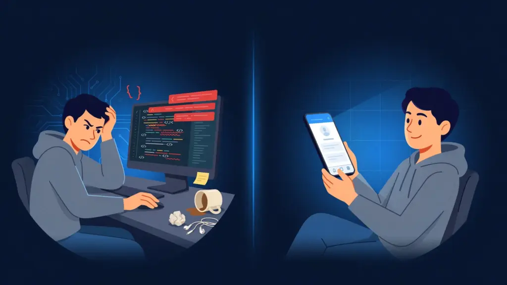 Frustrated developer with broken vibe-coded app versus happy user with working deployed application